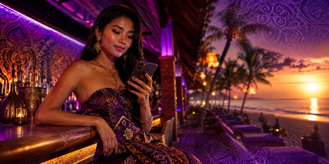 Pengguna menikmati layanan platform digital di tepi pantai dengan suasana santai