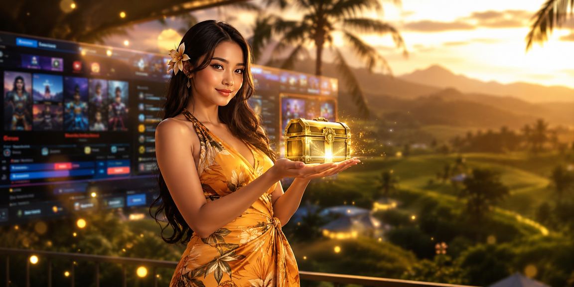 Model menampilkan antarmuka taruhan esports dengan ekspresi penuh semangat
